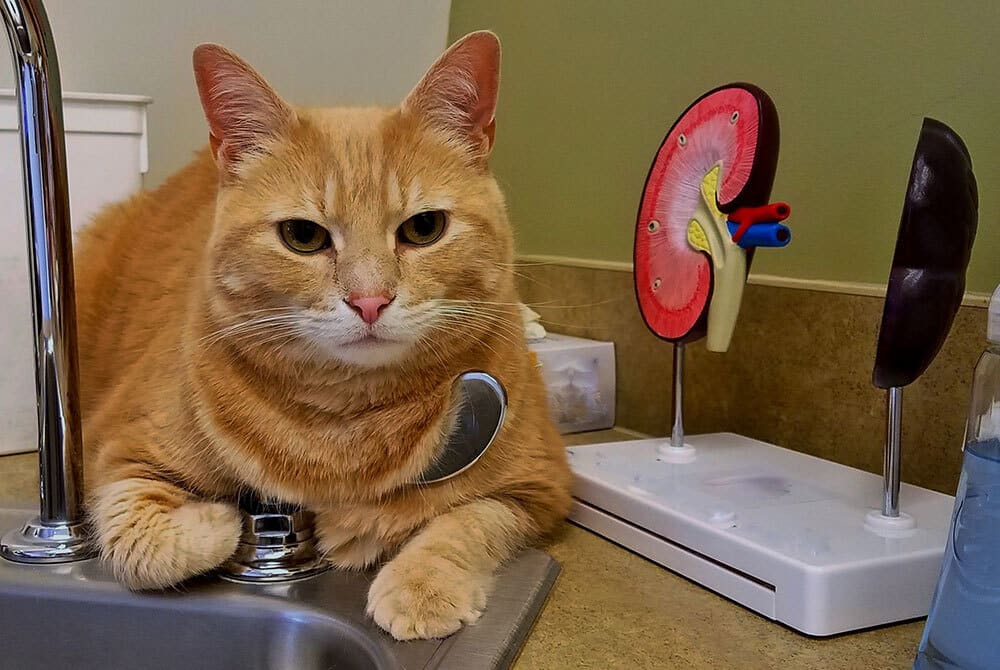 A ginger cat sits on a countertop next to a metal sink faucet. Behind the cat are anatomical models of a kidney on a display stand. The background is a light green wall. The cat looks directly at the camera with a calm expression.