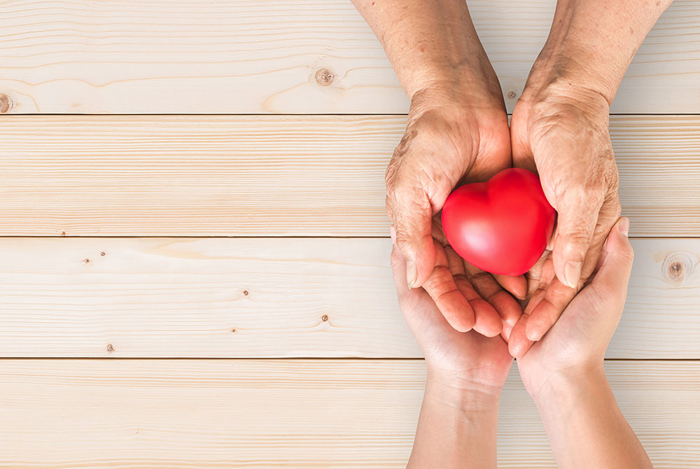 An elderly pair of hands gently holds a younger pair, as if a caring vet cradling the heart of an animal in need. Together, they cradle a red heart-shaped object on a light wooden surface, symbolizing compassion and the circle of care.