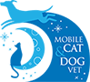 A blue and white logo featuring the silhouette of a cat and dog, representing a caring veterinarian touch. Bubbles surround the animals, with "Mobile Cat & Dog Vet" in white letters on the right side.
