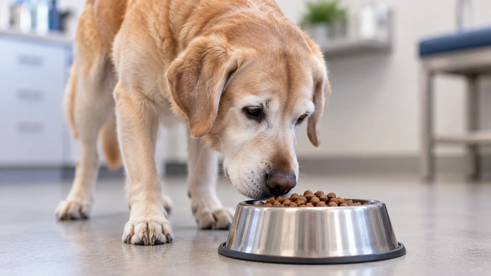 A yellow Labrador with a greying muzzle eating dry food from a stainless steel bowl in a clinic room.