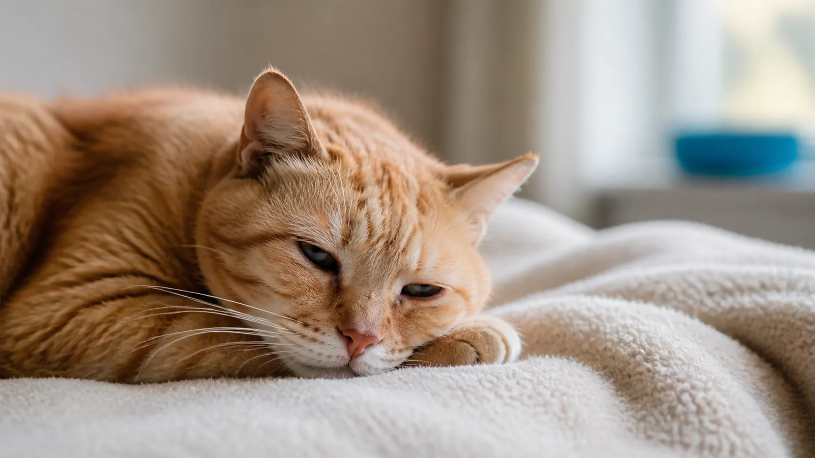 Senior orange cat resting comfortably indoors on a soft blanket, looking quiet and slightly tired.